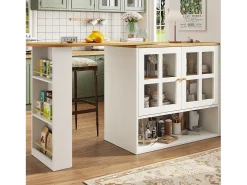 Mueble bar giratorio con 2 puertas de cristal y 1 nicho, cuerpo blanco, tapa chapada en imitación madera - 204x39x102,5cm