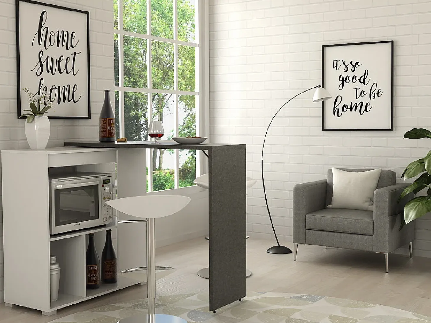 Mueble bar giratorio con almacenaje - Blanco y antracita - SATURN