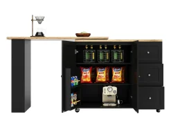 Mueble bar giratorio con ruedas, 2 puertas, 3 cajones y estantes, tablero chapado en madera natural clara, cuerpo negro - 209x39x106cm