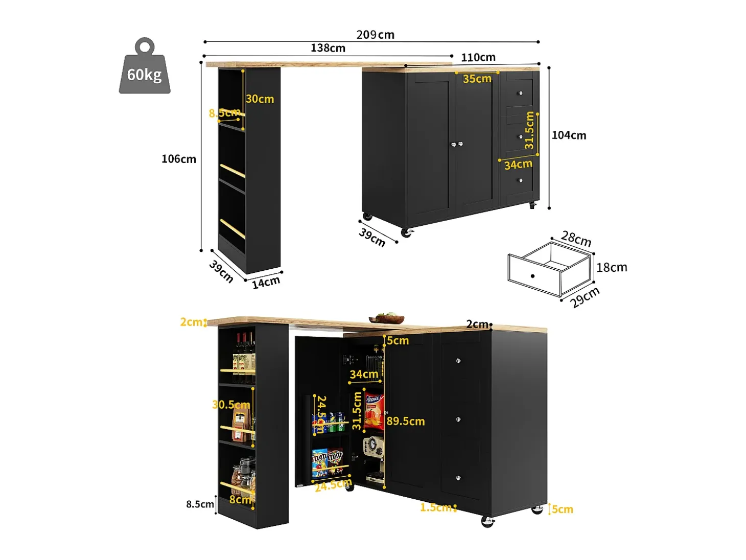 Mueble bar giratorio con ruedas, 2 puertas, 3 cajones y estantes, tablero chapado en madera natural clara, cuerpo negro - 209x39x106cm