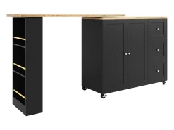 Mueble bar giratorio con ruedas, 2 puertas, 3 cajones y estantes, tablero chapado en madera natural clara, cuerpo negro - 209x39x106cm