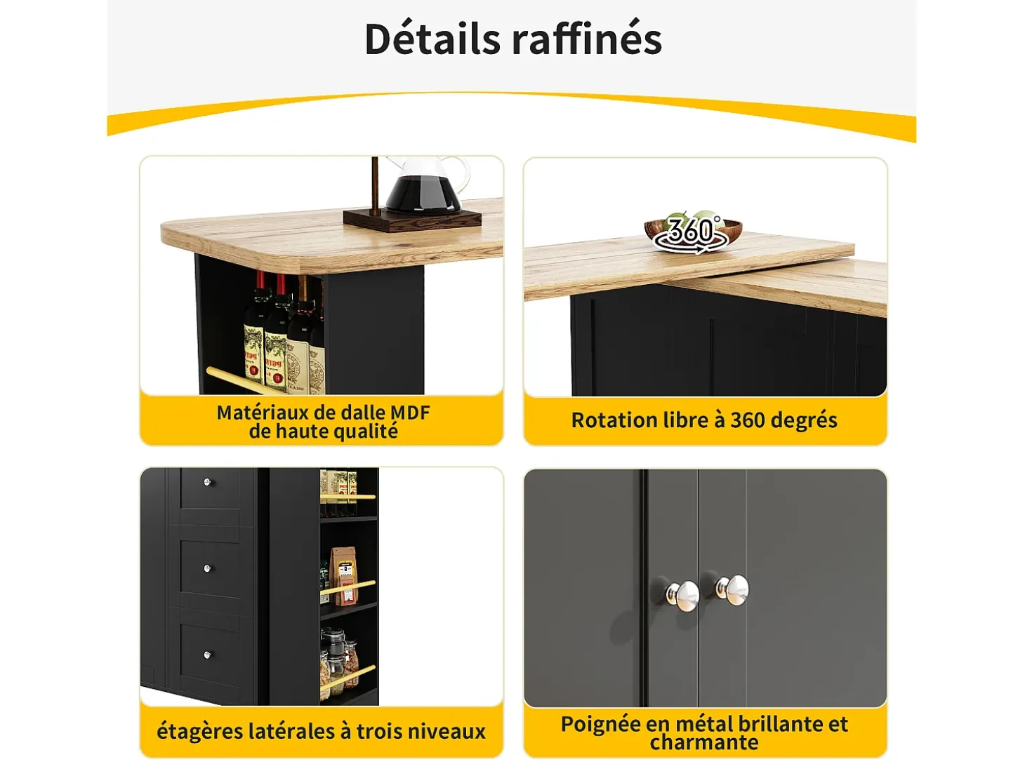 Mueble bar giratorio con ruedas, 2 puertas, 3 cajones y estantes, tablero chapado en madera natural clara, cuerpo negro - 209x39x106cm