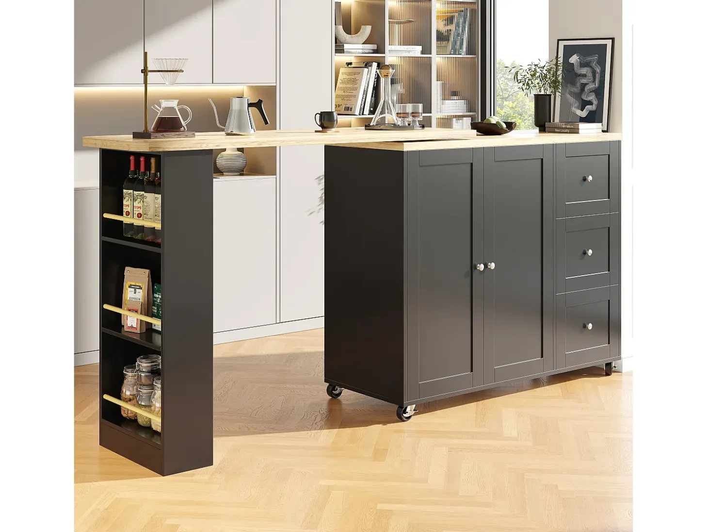 Mueble bar giratorio con ruedas, 2 puertas, 3 cajones y estantes, tablero chapado en madera natural clara, cuerpo negro - 209x39x106cm