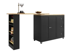 Mueble bar giratorio con ruedas, 2 puertas, 3 cajones y estantes, tablero chapado en madera natural clara, cuerpo negro - 209x39x106cm