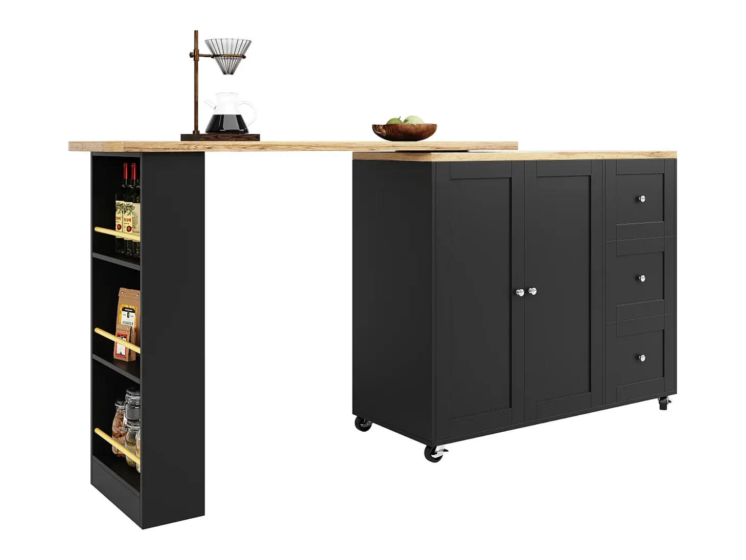 Mueble bar giratorio con ruedas, 2 puertas, 3 cajones y estantes, tablero chapado en madera natural clara, cuerpo negro - 209x39x106cm