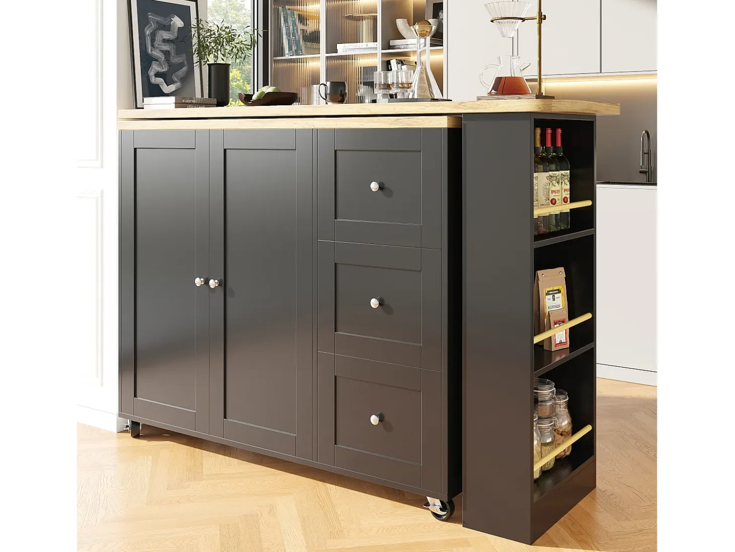 Mueble bar giratorio con ruedas, 2 puertas, 3 cajones y estantes, tablero chapado en madera natural clara, cuerpo negro - 209x39x106cm