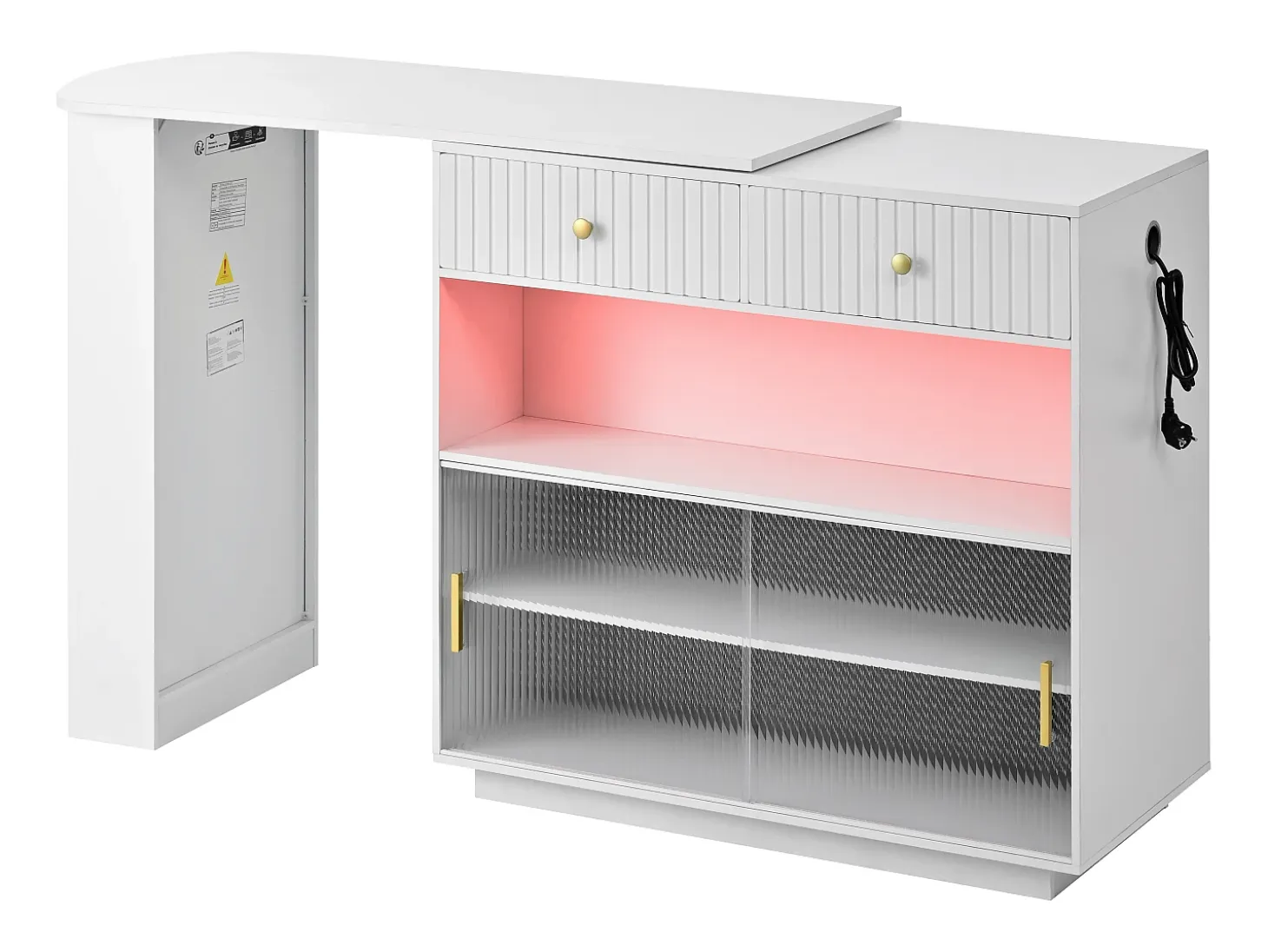 Mueble bar giratorio con enchufes, iluminación LED y tablero perforado - Blanco