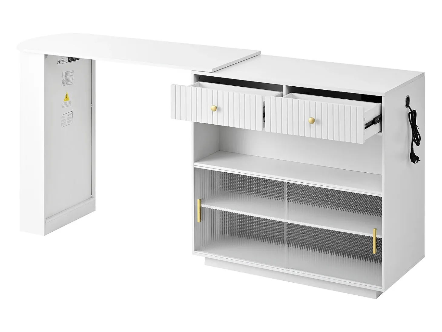 Mueble bar giratorio con enchufes, iluminación LED y tablero perforado - Blanco
