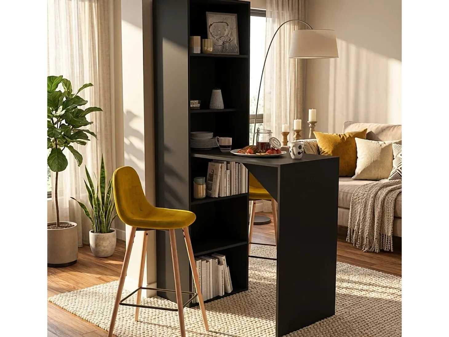 Mueble bar moderno mesa alta para taburete con estantes h109 Tanul - Negro