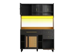 Mueble buffet con LED, 3 tiroirs, étagères réglables, ratán PE, MDF, negro (120x45x195,5 cm)