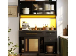 Mueble buffet con LED, 3 tiroirs, étagères réglables, ratán PE, MDF, negro (120x45x195,5 cm)