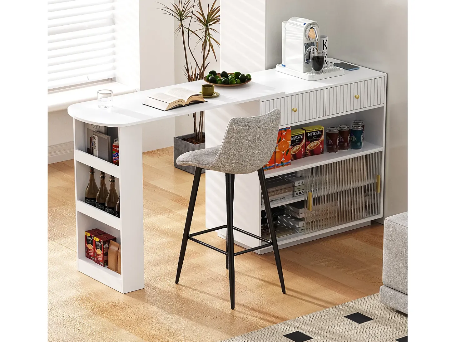 Mueble de bar de cocina extensible - y rotación 360° - con toma de corriente - con espacio de almacenamiento e iluminación LED - con estantes laterales - Blanco