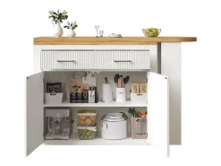 Mueble de bar de cocina extensible - con rotación 360° - 215x39x103cm - 2 puertas, 2 cajones - con estantes laterales - Blanco