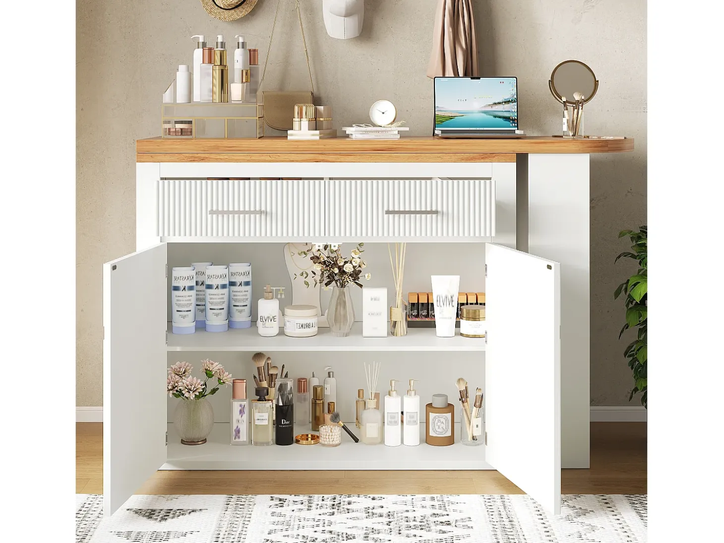 Mueble de bar de cocina extensible - con rotación 360° - 215x39x103cm - 2 puertas, 2 cajones - con estantes laterales - Blanco