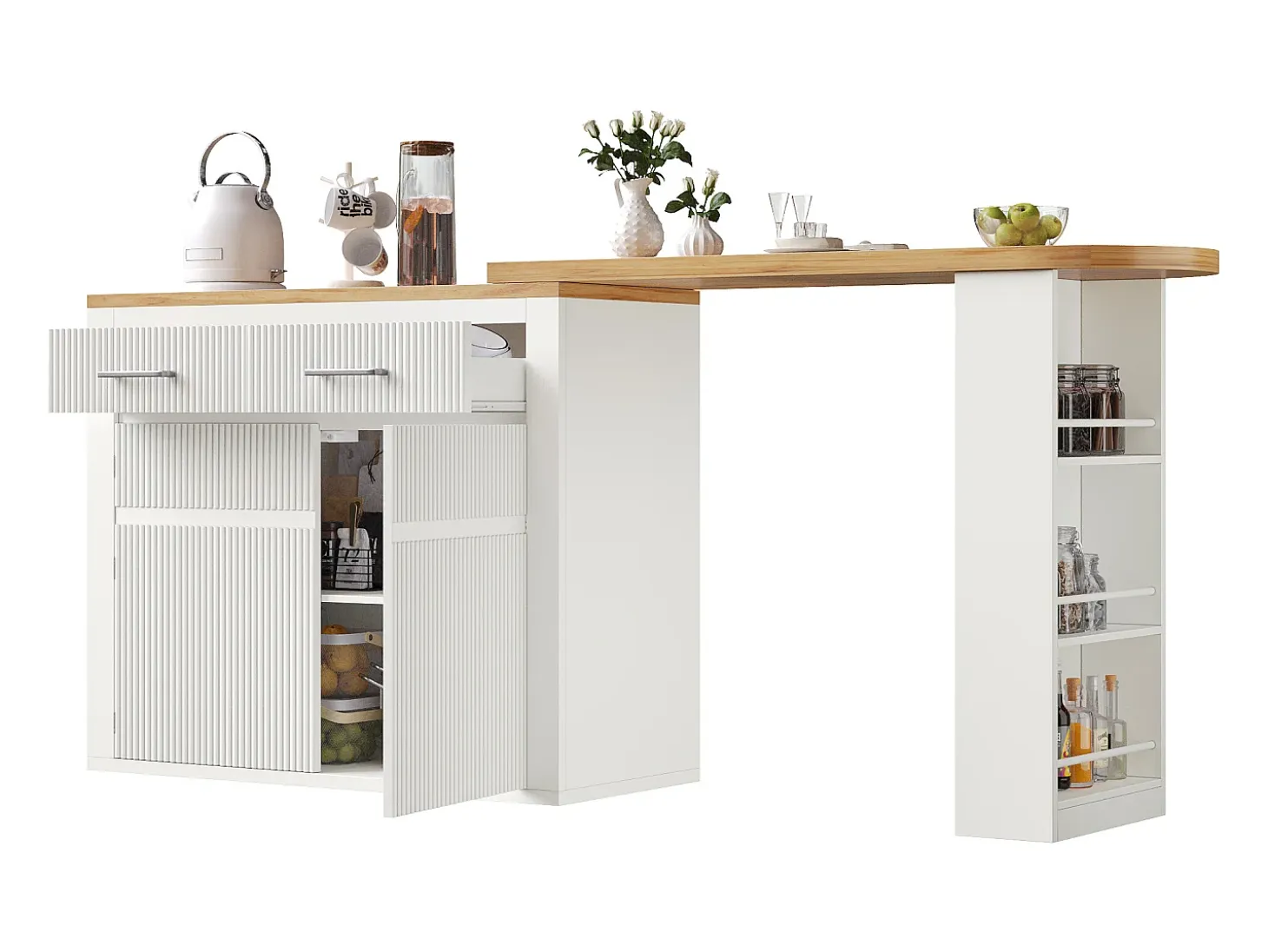Mueble de bar de cocina extensible - con rotación 360° - 215x39x103cm - 2 puertas, 2 cajones - con estantes laterales - Blanco