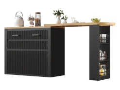 Mueble de bar de cocina extensible - con rotación 360° - 215x39x103cm - 2 puertas, 2 cajones - con estantes laterales - Negro