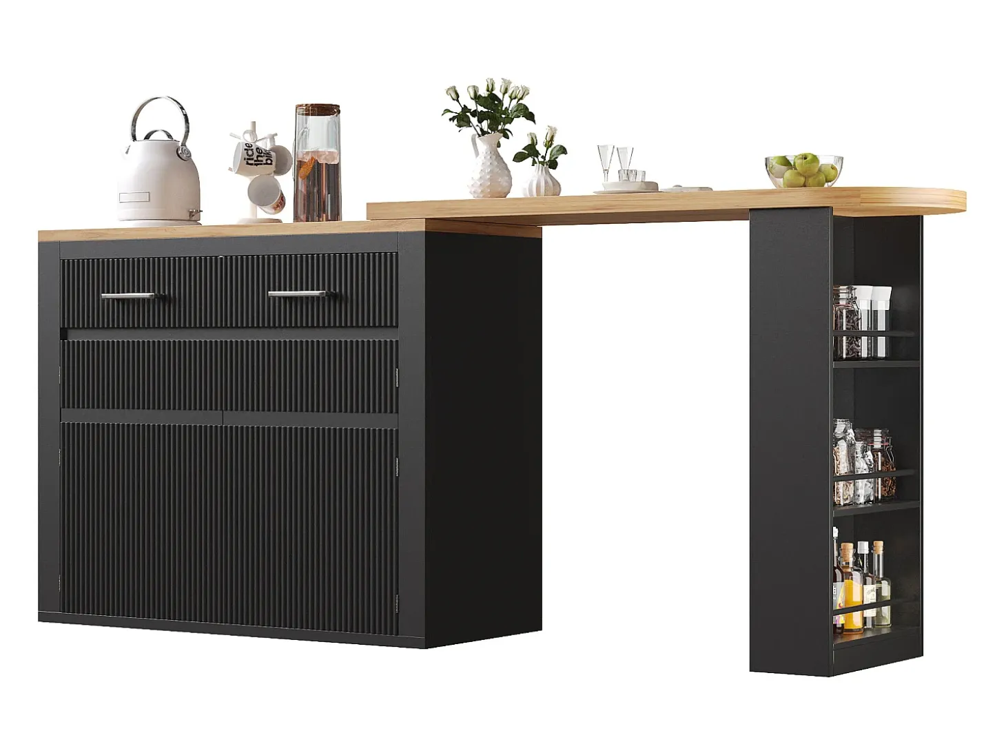 Mueble de bar de cocina extensible - con rotación 360° - 215x39x103cm - 2 puertas, 2 cajones - con estantes laterales - Negro