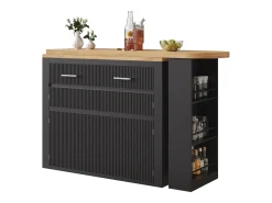 Mueble de bar de cocina extensible - con rotación 360° - 215x39x103cm - 2 puertas, 2 cajones - con estantes laterales - Negro