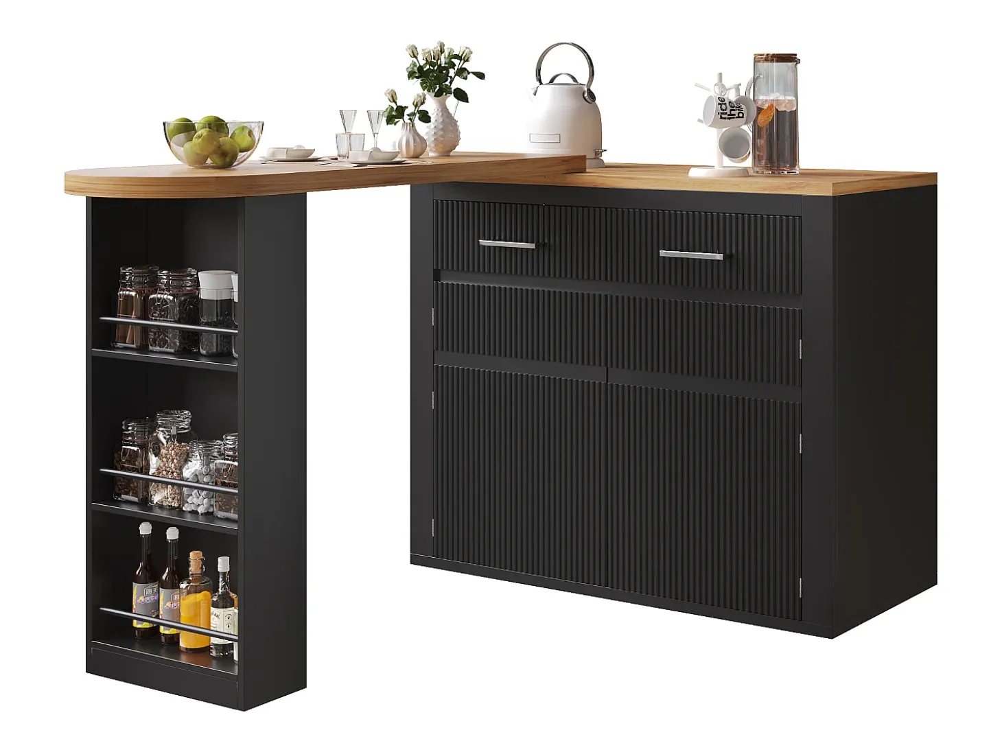 Mueble de bar de cocina extensible - con rotación 360° - 215x39x103cm - 2 puertas, 2 cajones - con estantes laterales - Negro