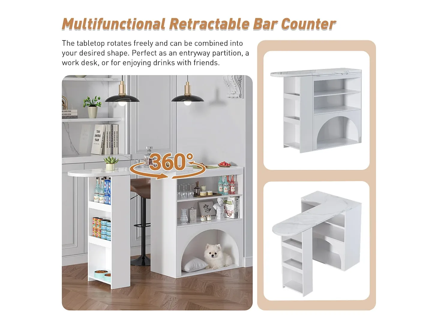Mueble de bar extensible 120 (+80)×40×100 cm - con espacio de descanso para mascotas - estantes abiertos - blanco