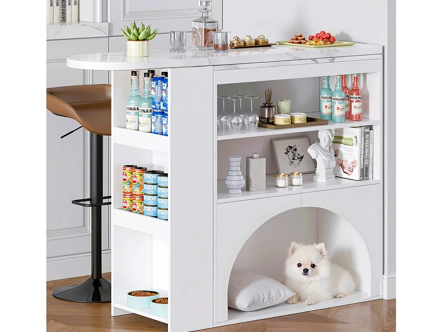 Mueble de bar extensible 120 (+80)×40×100 cm - con espacio de descanso para mascotas - estantes abiertos - blanco