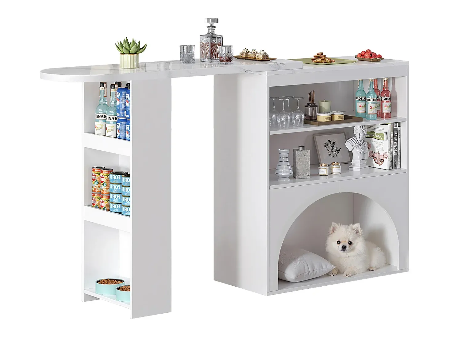 Mueble de bar extensible 120 (+80)×40×100 cm - con espacio de descanso para mascotas - estantes abiertos - blanco