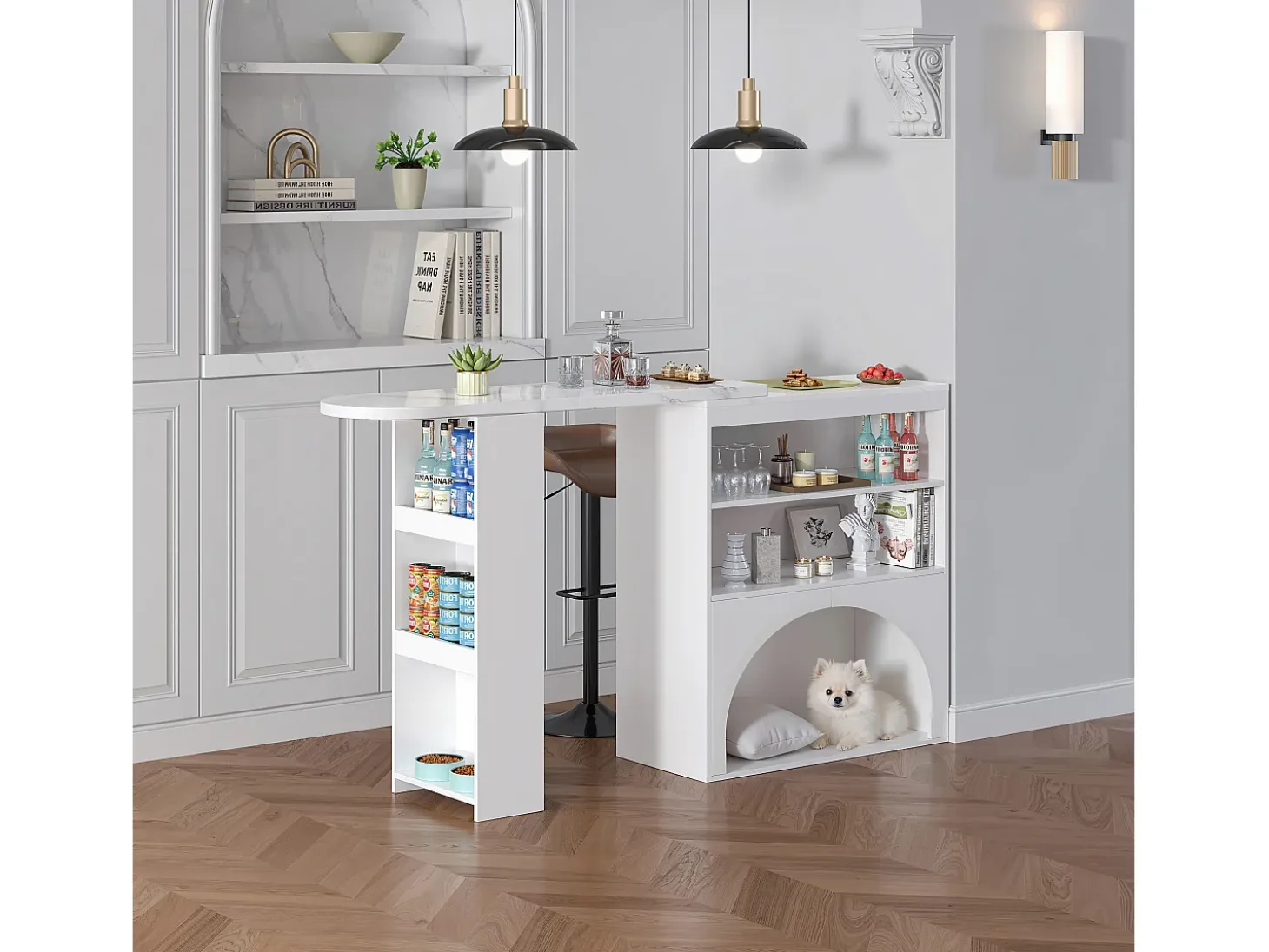 Mueble de bar extensible 120 (+80)×40×100 cm - con espacio de descanso para mascotas - estantes abiertos - blanco