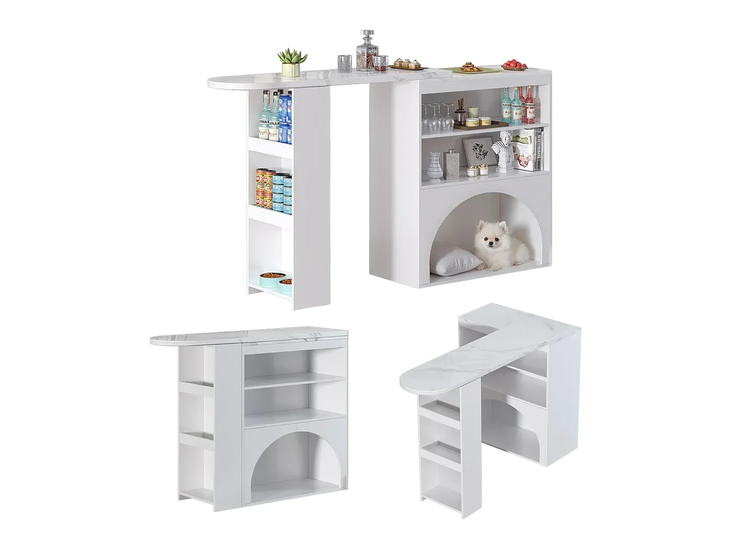 Mueble de bar extensible 120 (+80)×40×100 cm - con espacio de descanso para mascotas - estantes abiertos - blanco