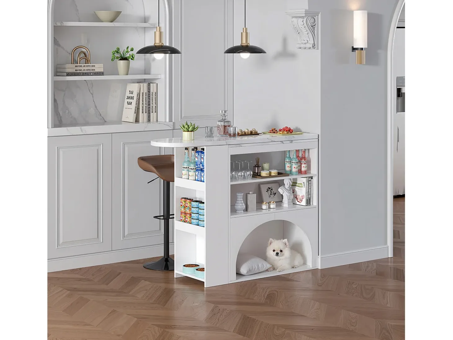 Mueble de bar extensible 120 (+80)×40×100 cm - con espacio de descanso para mascotas - estantes abiertos - blanco