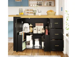 Mueble de bar extensible - pivotante - 228x39x104cm - con 2 puertas y 3 cajones - con estantes laterales - Negro