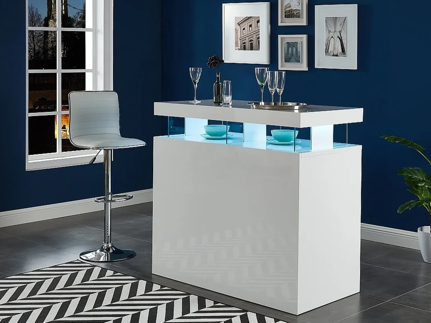 Mueble de bar FABIO - MDF lacado blanco - Leds - 2 huecos