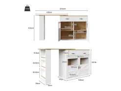 Mueble de bar giratorio 360° y plegable - con 1 cajón y 2 puertas - estantes abiertos - blanco + natural