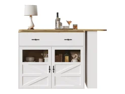 Mueble de bar giratorio 360° y plegable - con 1 cajón y 2 puertas - estantes abiertos - blanco + natural