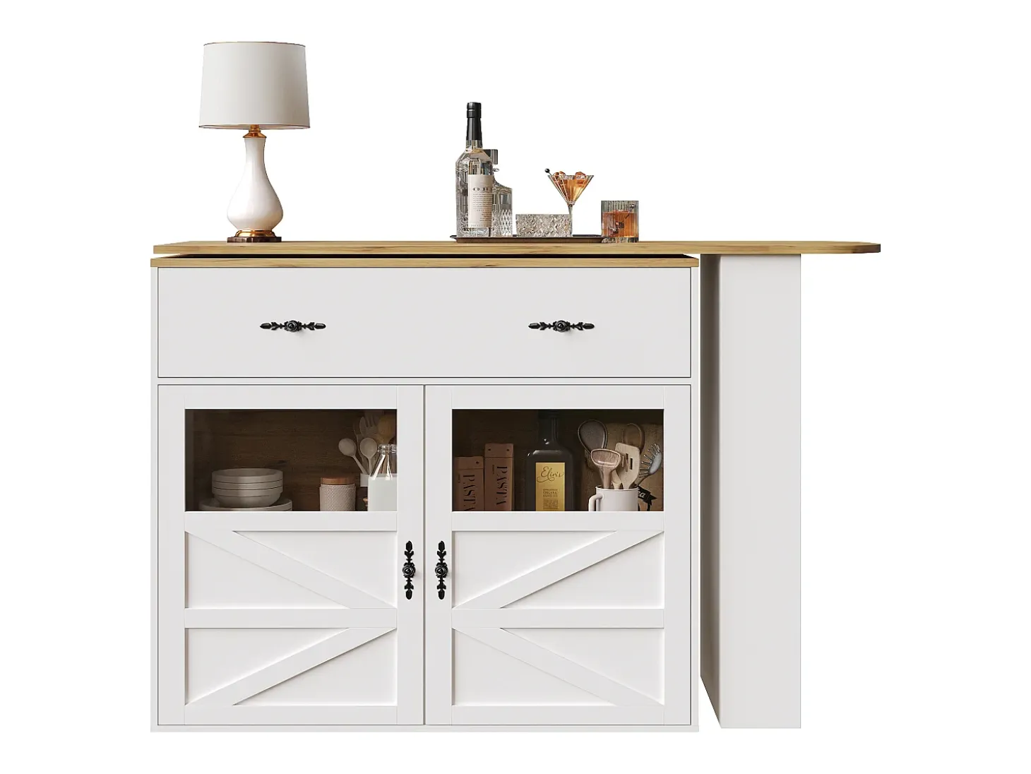 Mueble de bar giratorio 360° y plegable - con 1 cajón y 2 puertas - estantes abiertos - blanco + natural