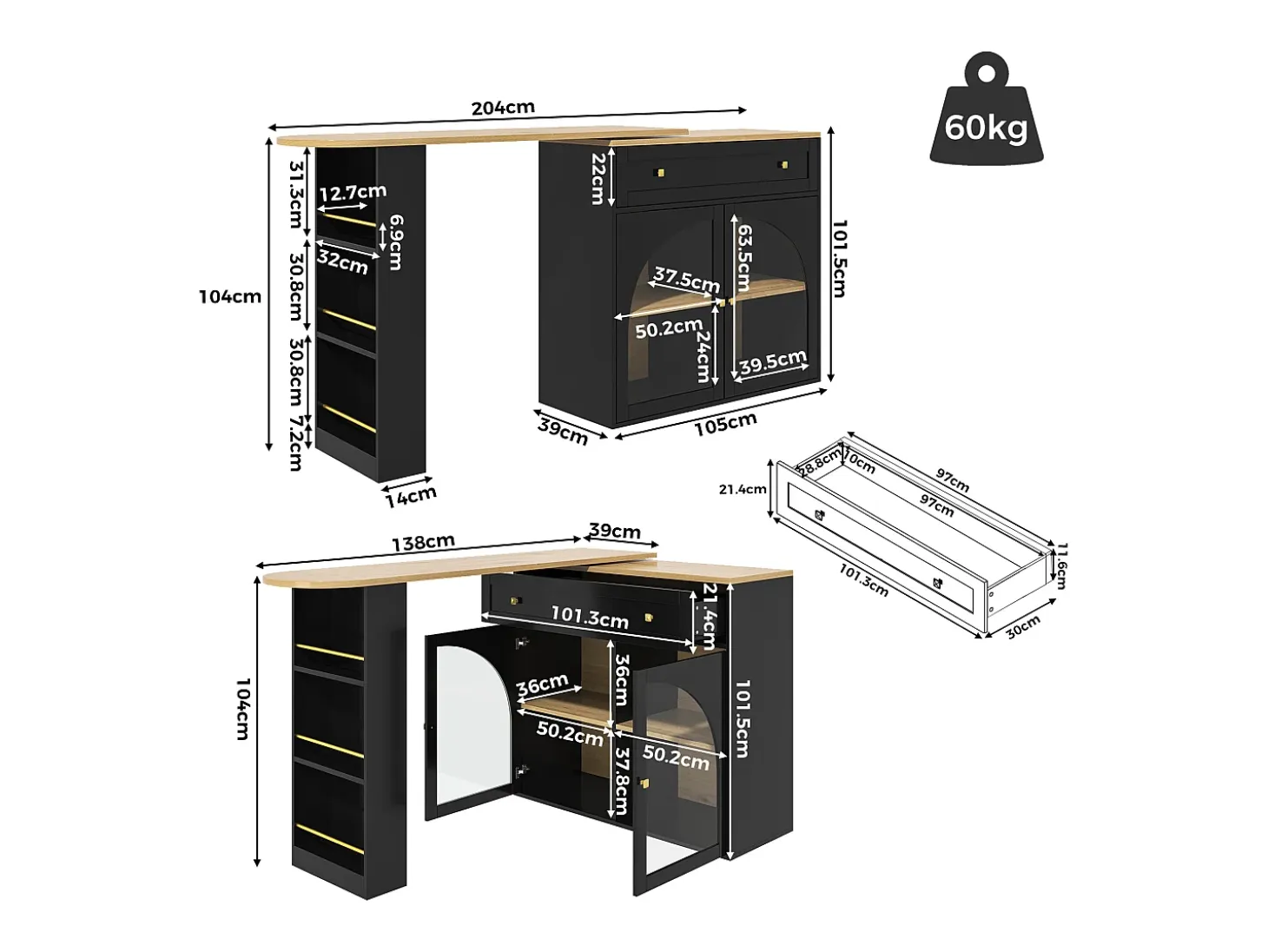 Mueble de bar giratorio 360° y plegable - con 1 cajón y 2 puertas - estantes abiertos - negro + natural