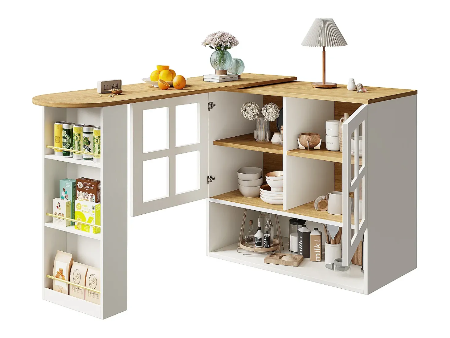 Mueble de bar giratorio 360° y plegable - con 2 puertas y estantes abiertos - blanco + natural