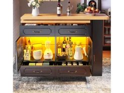 Mueble de bar moderno giratorio 360° - con LED - 203x39x93 cm - 4 cajones y 2 puertas - con estantes laterales - negro