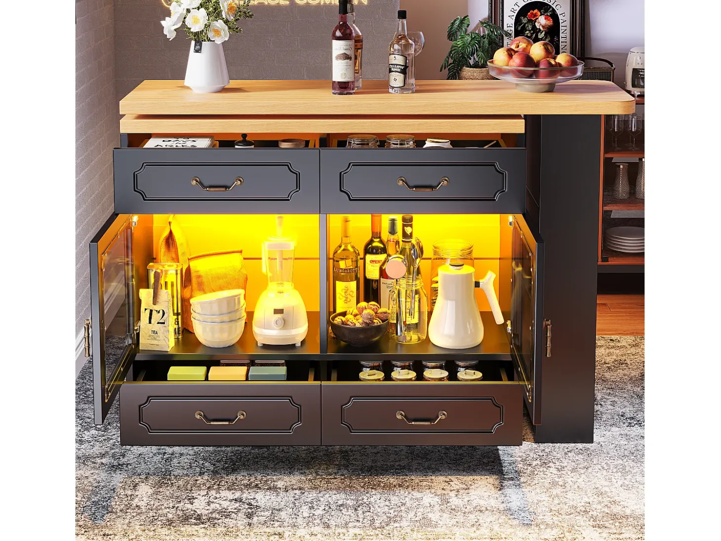 Mueble de bar moderno giratorio 360° - con LED - 203x39x93 cm - 4 cajones y 2 puertas - con estantes laterales - negro