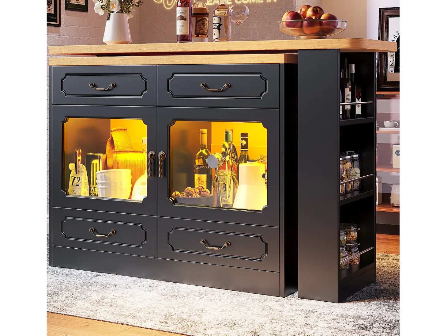 Mueble de bar moderno giratorio 360° - con LED - 203x39x93 cm - 4 cajones y 2 puertas - con estantes laterales - negro