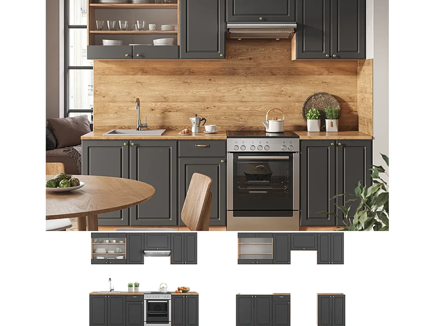 Mueble de cocina antracita casa de campo/roble kraft dorado 240x46x81.6 fame-line