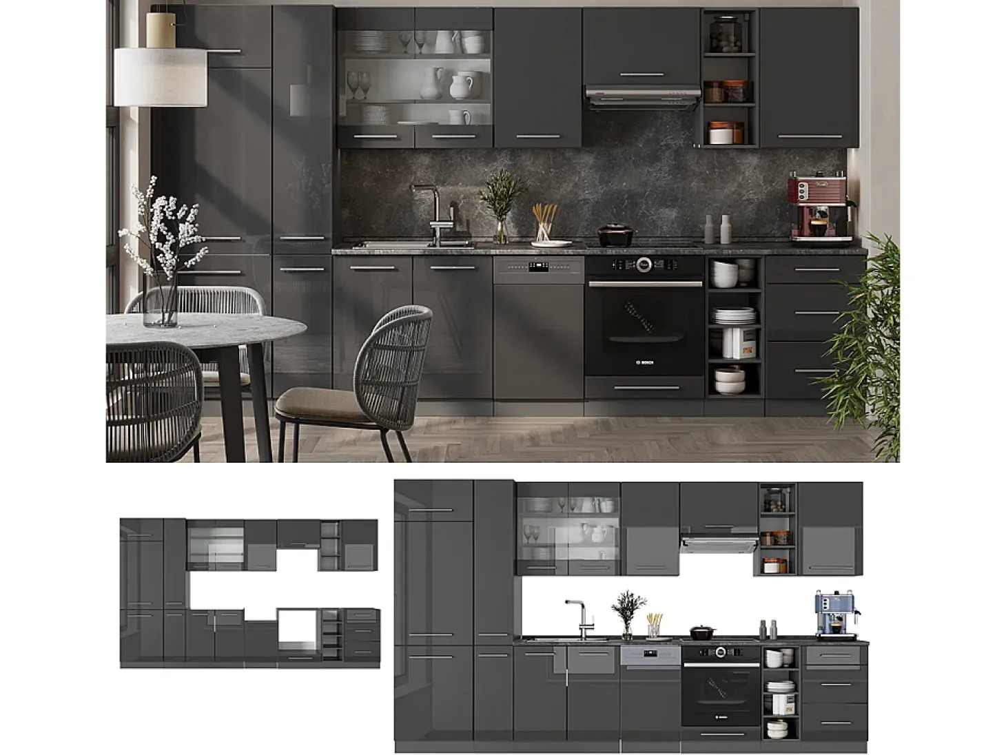 Mueble de cocina antracita alto brillo 355x60x81.6 fame-line