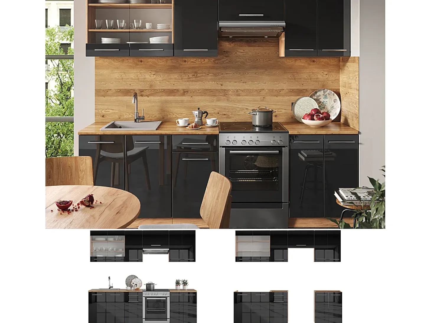 Mueble de cocina antracita brillo intenso/roble dorado eléctrico 240x46x81.6 fame-line