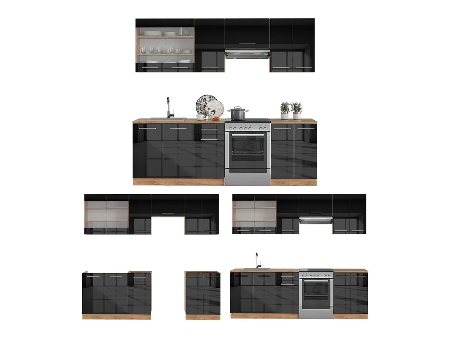 Mueble de cocina antracita brillo intenso/roble dorado eléctrico 240x46x81.6 fame-line