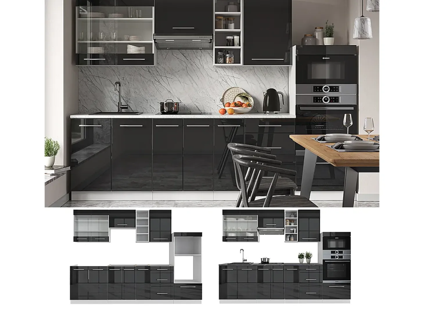 Mueble de cocina antracita brillo intenso/blanco 280x46x81.6 fame-line