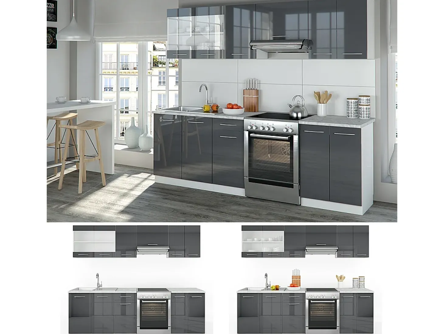 Mueble de cocina antracita brillo intenso/blanco 240x60x81.6 raul