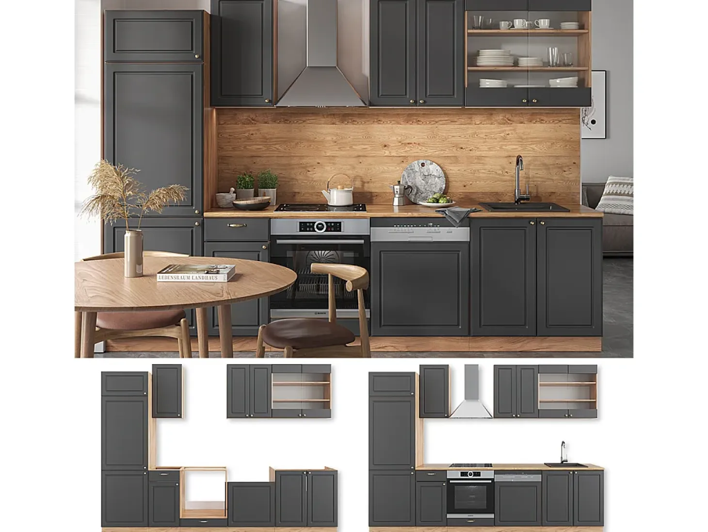 Mueble de cocina antracita casa de campo/roble kraft dorado 300x60x81.6 fame-line