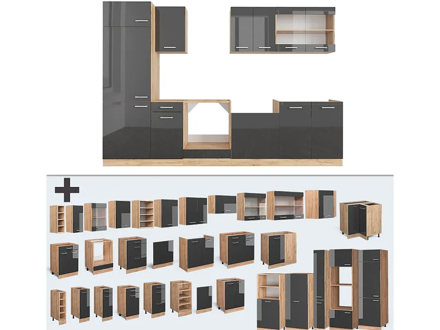 Mueble de cocina antracita brillo intenso/roble dorado eléctrico 300x46x81.6 r-line