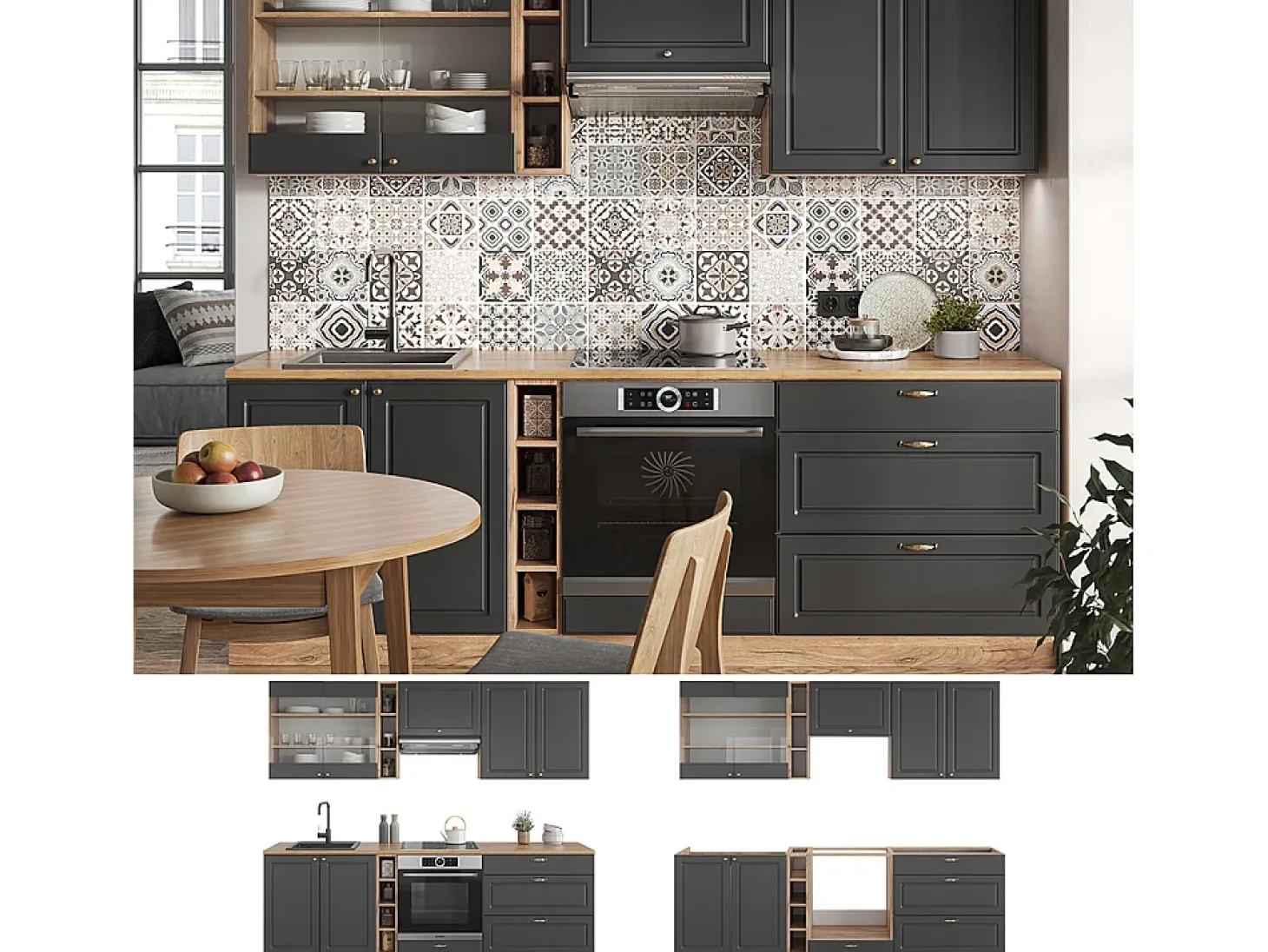 Mueble de cocina antracita casa de campo/roble kraft dorado 235x60x81.6 fame-line