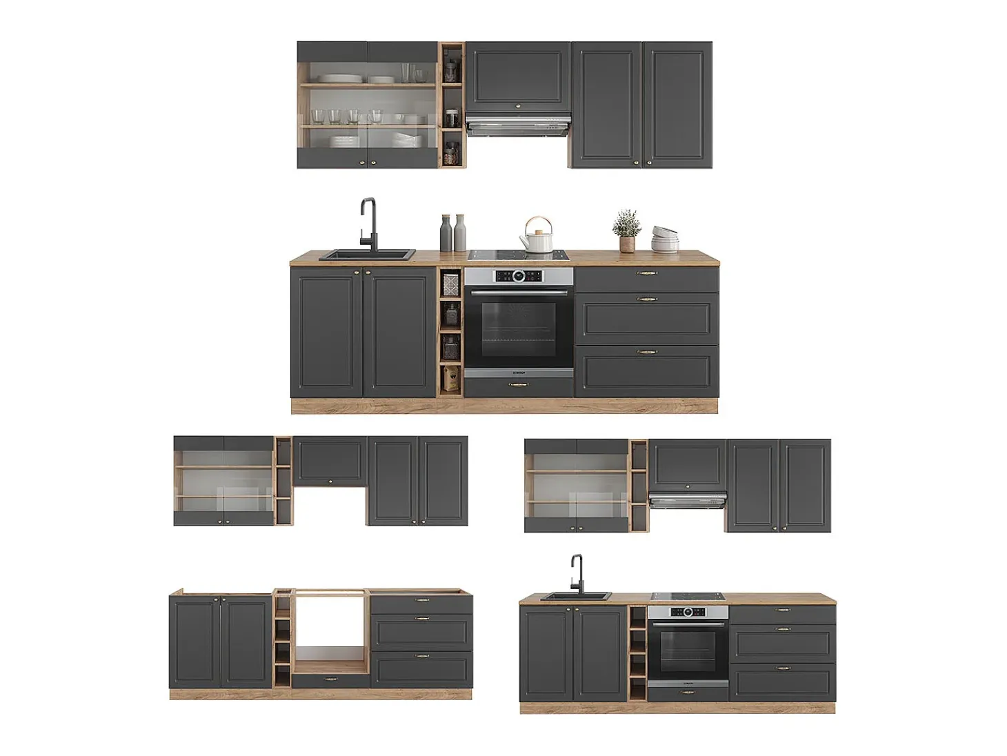 Mueble de cocina antracita casa de campo/roble kraft dorado 235x60x81.6 fame-line