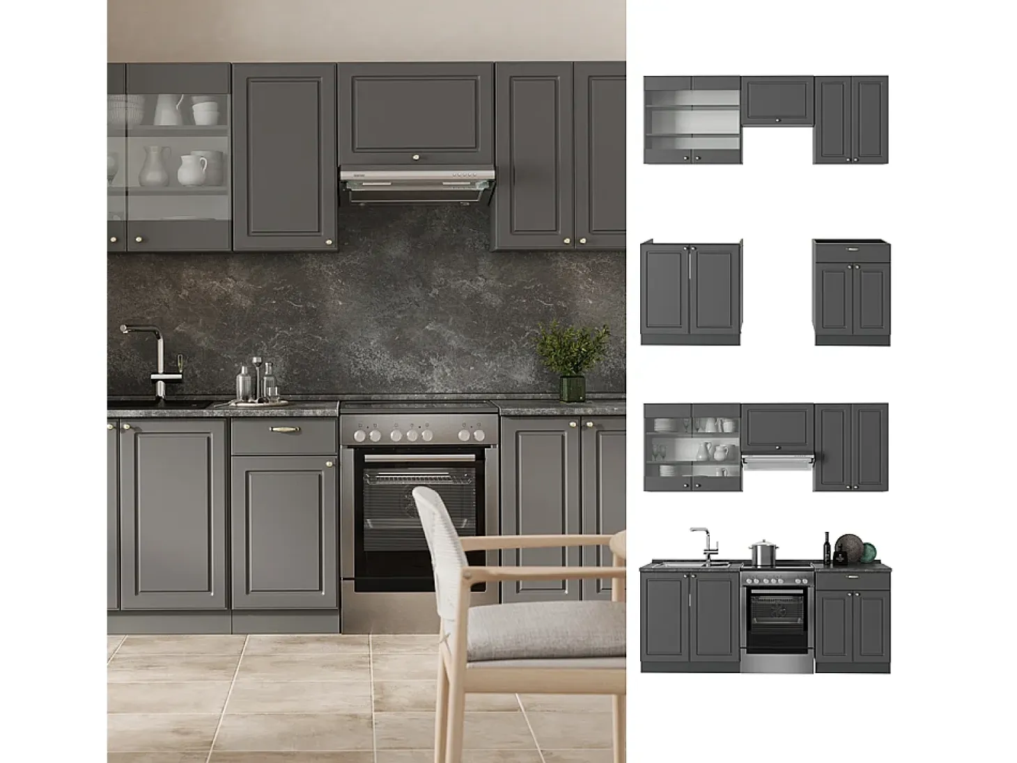 Mueble de cocina antracita-oro landhaus 200x46x81.6 fame-line